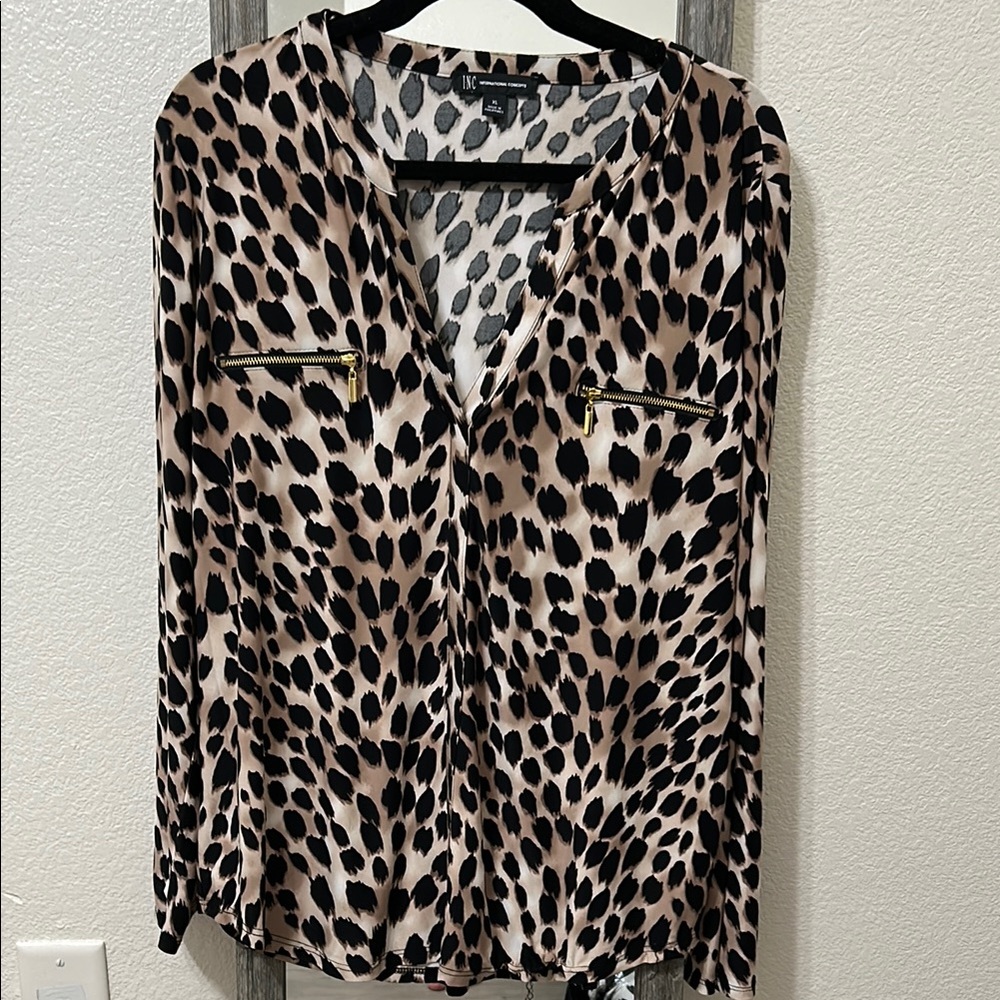 INC International Concepts Leopard Print Blouse with Zipper Accents